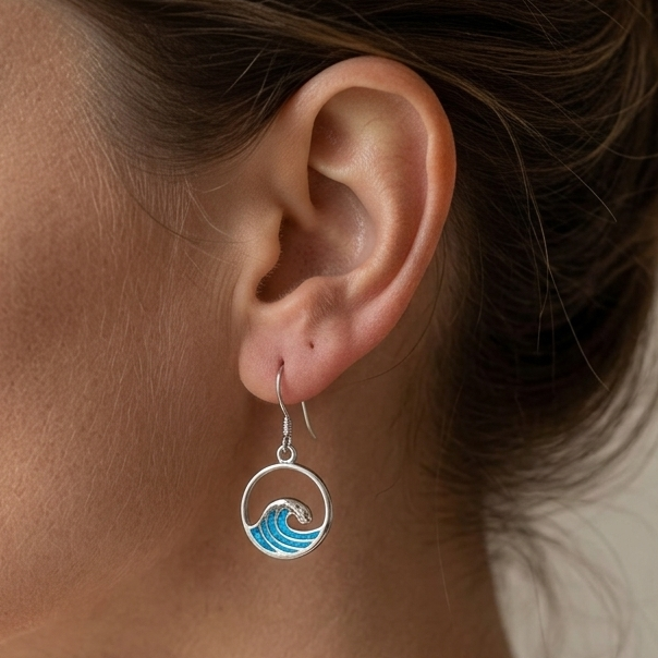 Hawaiian Crest Surf Circle Wave Opal Stone Dangle Earrings - 925 Sterling Silver