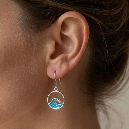Hawaiian Crest Surf Circle Wave Opal Stone Dangle Earrings - 925 Sterling Silver