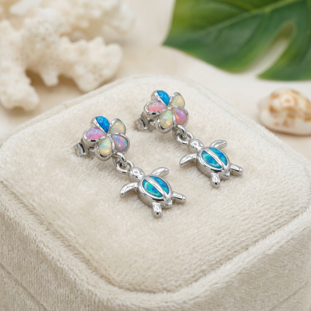 Hawaiian Sea Turtle Plumeria Opal Stone Stud Earrings - 925 Sterling Silver
