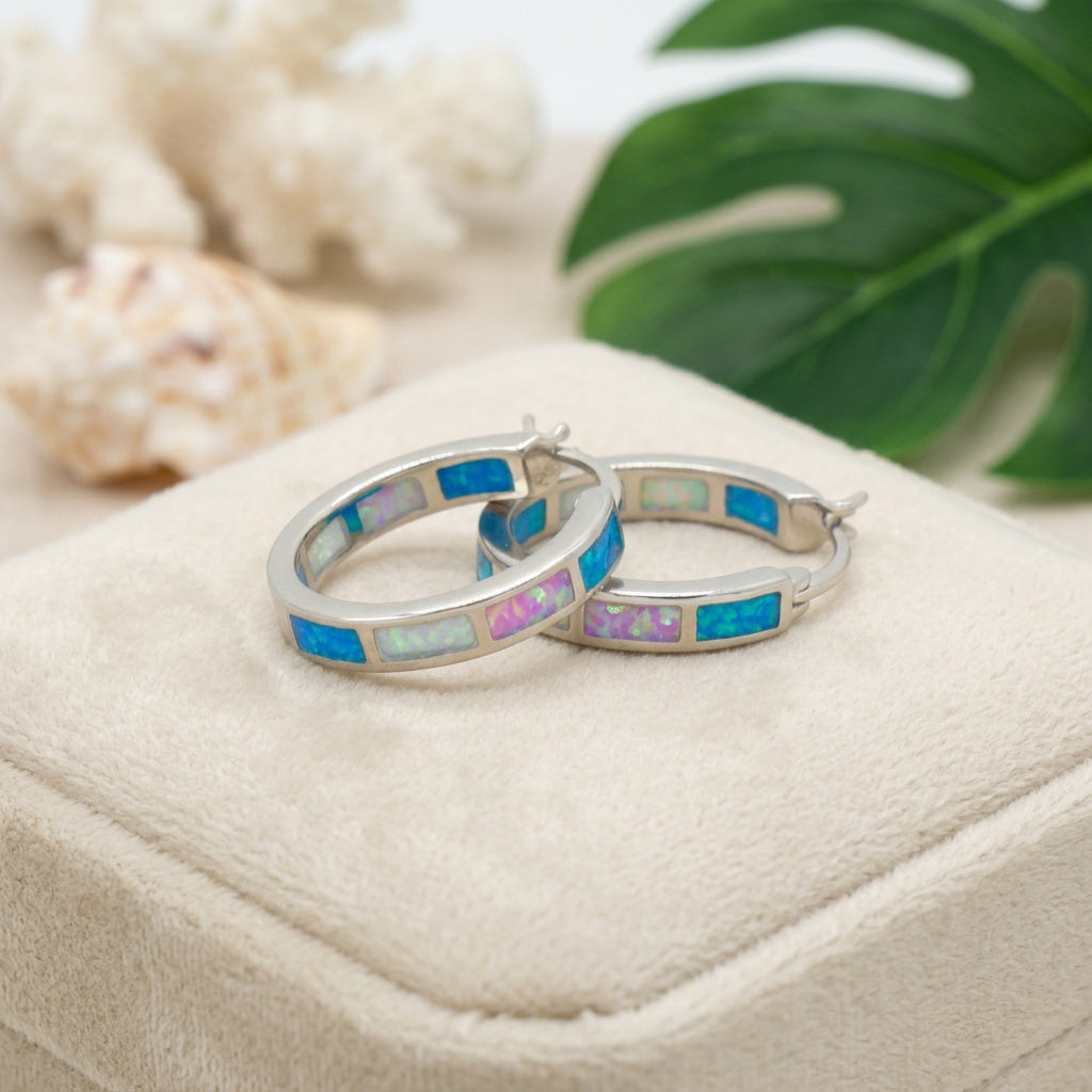 Hawaiian Deep Ocean Mix Opal Stone Round Hoop Earrings - 925 Sterling Silver