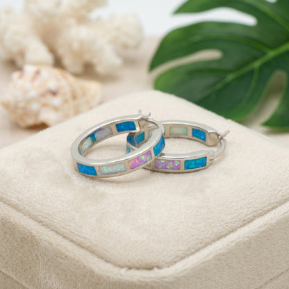 Hawaiian Deep Ocean Mix Opal Stone Round Hoop Earrings - 925 Sterling Silver