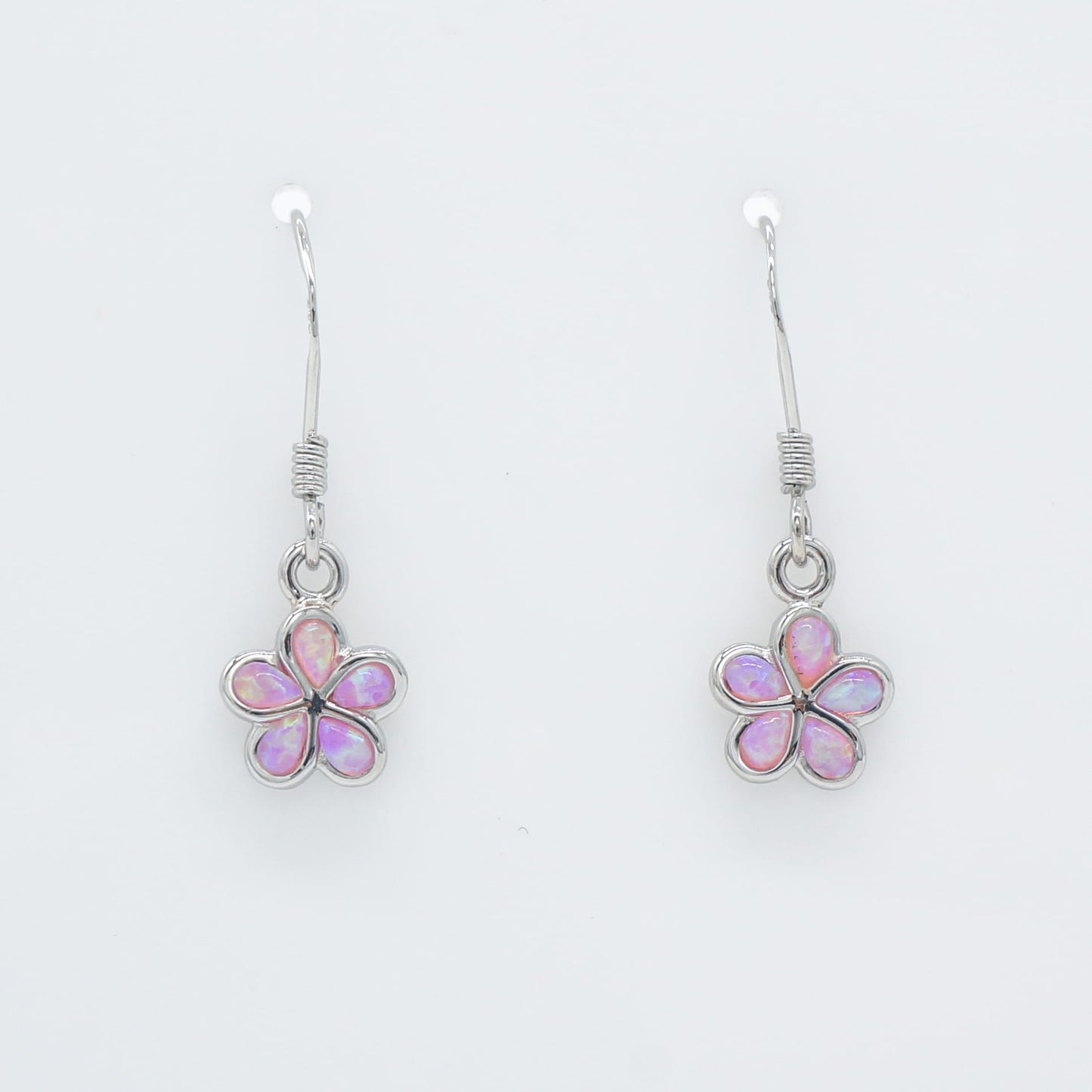 Hawaiian Plumeria Flower Pink Opal Stone Dangle Earrings - 925 Sterling Silver