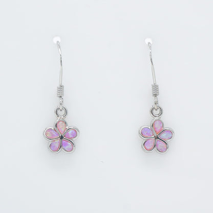 Hawaiian Plumeria Flower Pink Opal Stone Dangle Earrings - 925 Sterling Silver