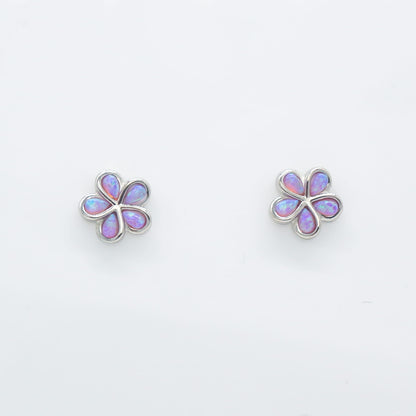 Hawaiian Plumeria Flower Pink Opal Stone Stud Earrings - 925 Sterling Silver