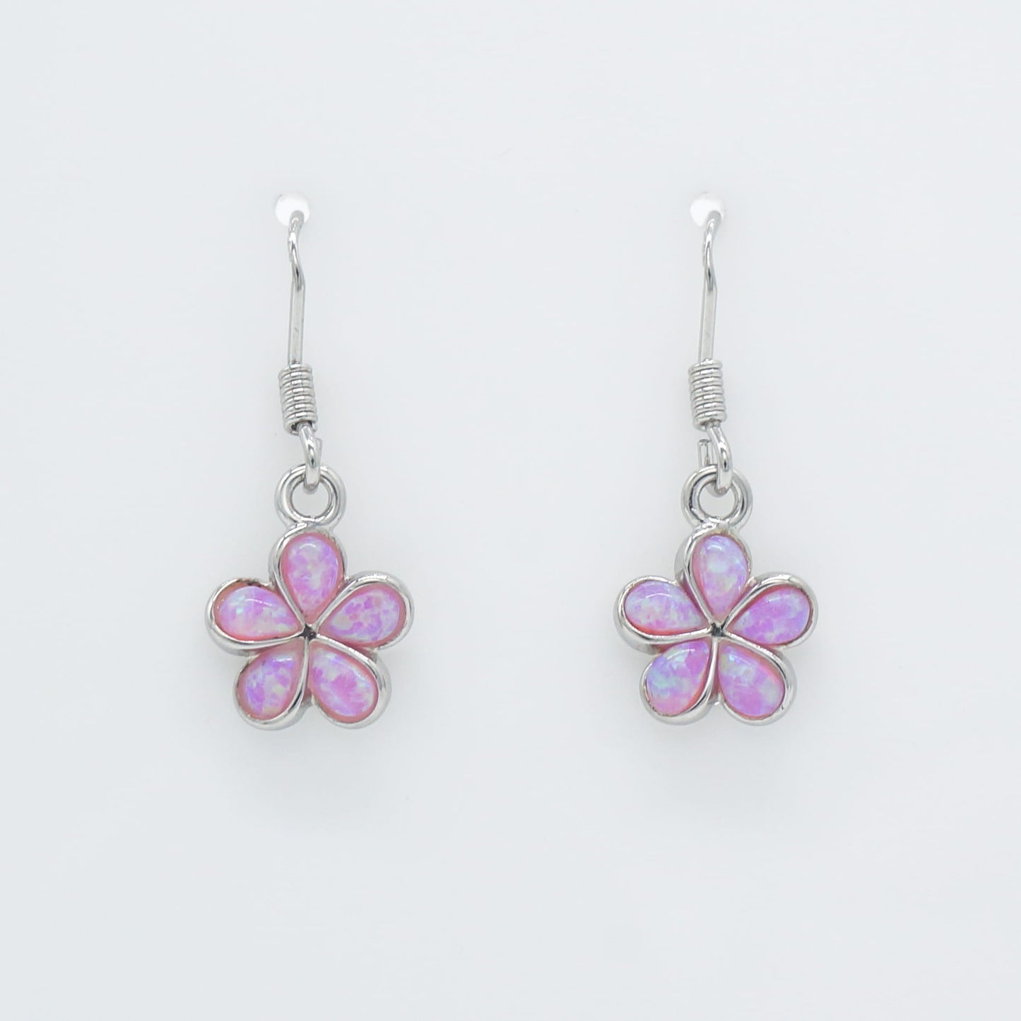 Hawaiian Plumeria Flower Pink Opal Stone Dangle Earrings - 925 Sterling Silver