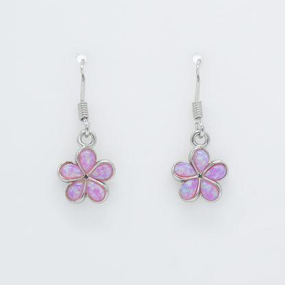 Hawaiian Plumeria Flower Pink Opal Stone Dangle Earrings - 925 Sterling Silver