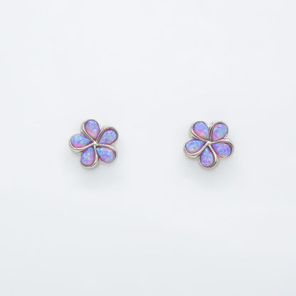 Hawaiian Plumeria Flower Pink Opal Stone Stud Earrings - 925 Sterling Silver