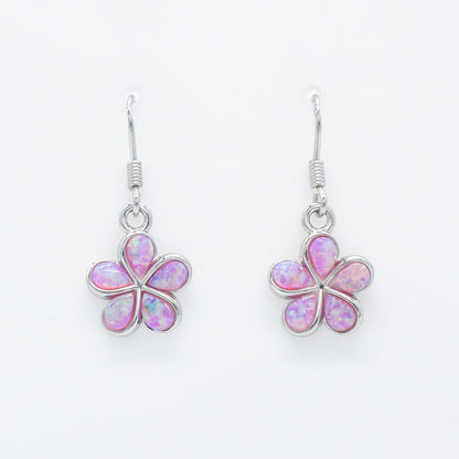 Hawaiian Plumeria Flower Pink Opal Stone Dangle Earrings - 925 Sterling Silver