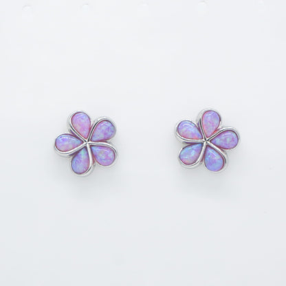 Hawaiian Plumeria Flower Pink Opal Stone Stud Earrings - 925 Sterling Silver