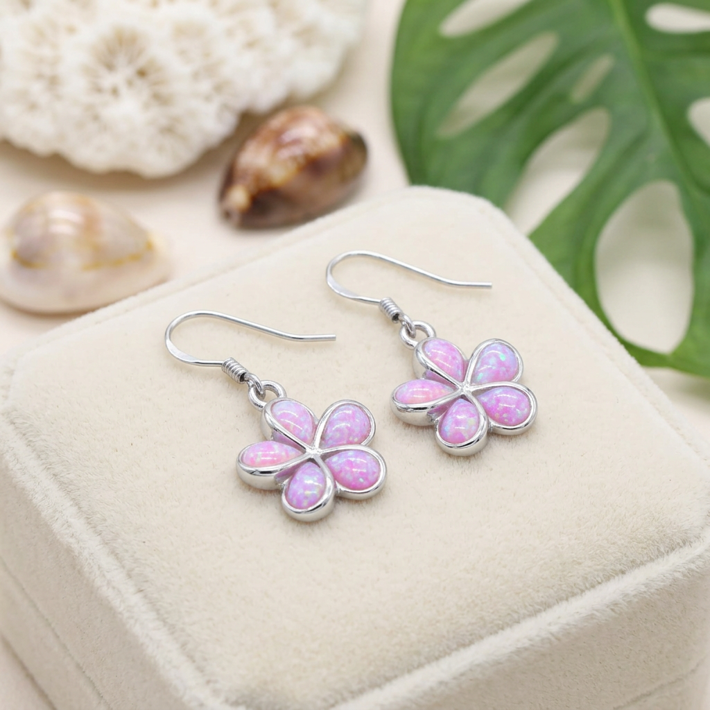 Hawaiian Plumeria Flower Pink Opal Stone Dangle Earrings - 925 Sterling Silver