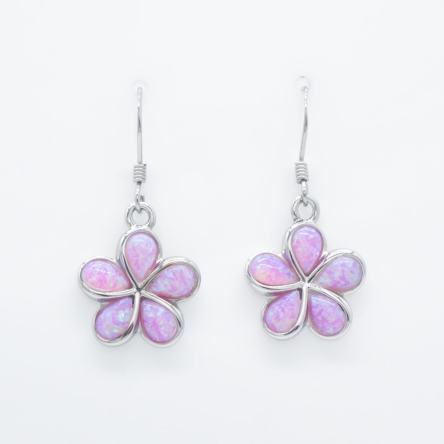 Hawaiian Plumeria Flower Pink Opal Stone Dangle Earrings - 925 Sterling Silver