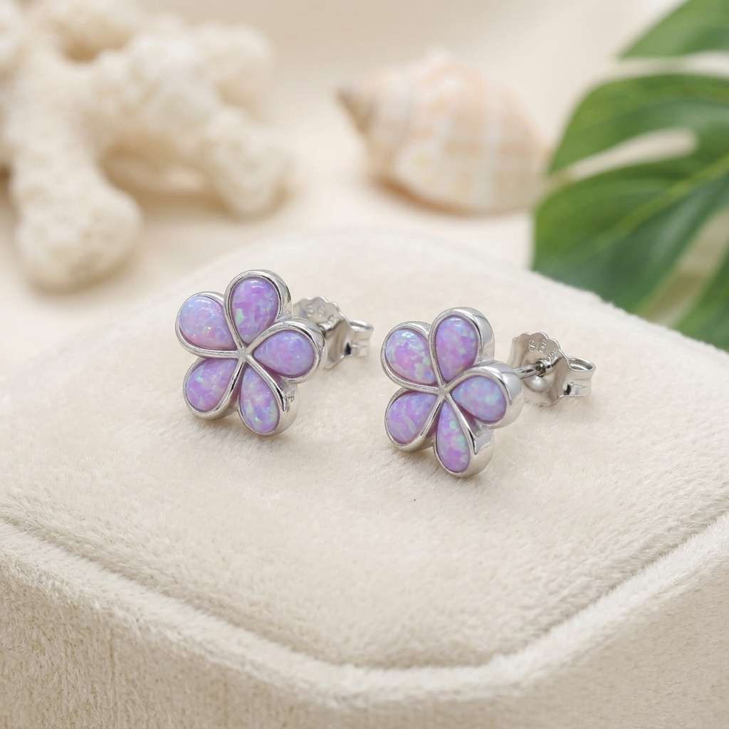 Hawaiian Plumeria Flower Pink Opal Stone Stud Earrings - 925 Sterling Silver