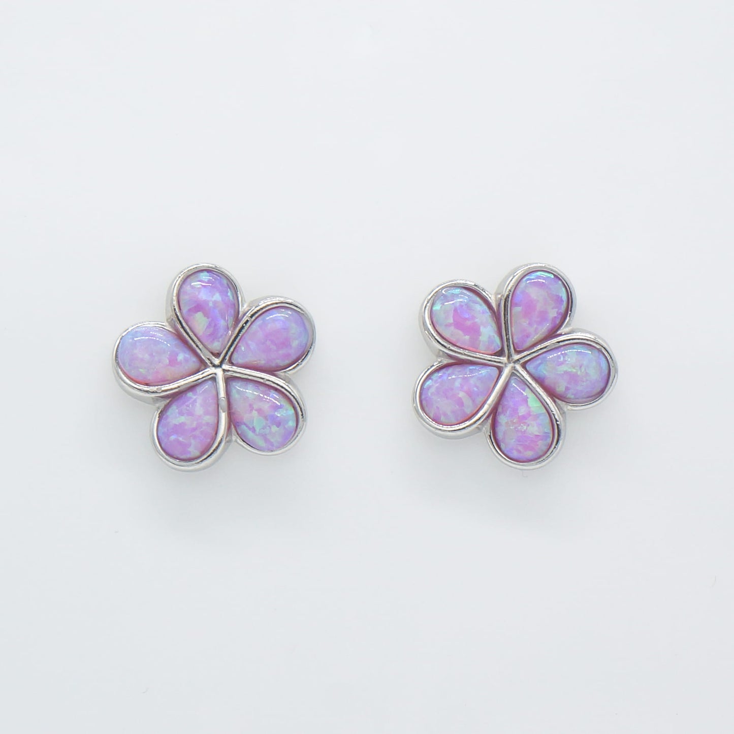 Hawaiian Plumeria Flower Pink Opal Stone Stud Earrings - 925 Sterling Silver