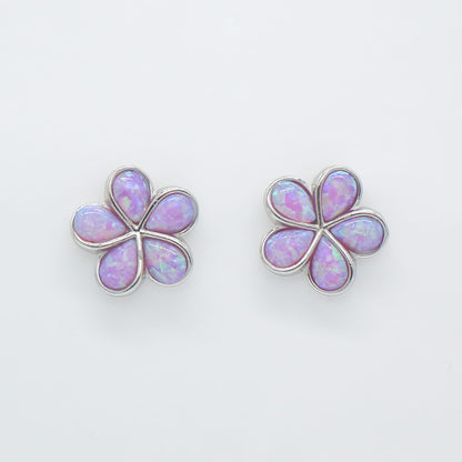 Hawaiian Plumeria Flower Pink Opal Stone Stud Earrings - 925 Sterling Silver