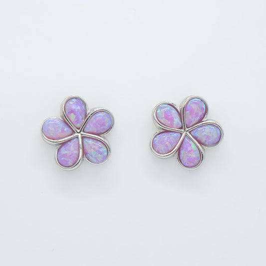 Hawaiian Plumeria Flower Pink Opal Stone Stud Earrings - 925 Sterling Silver