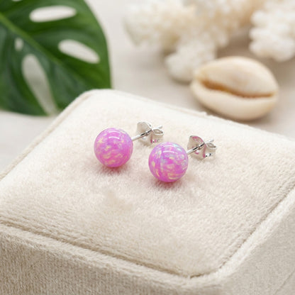 Hawaiian Sunset Pink Opal Stone Stud Earrings - 925 Sterling Silver