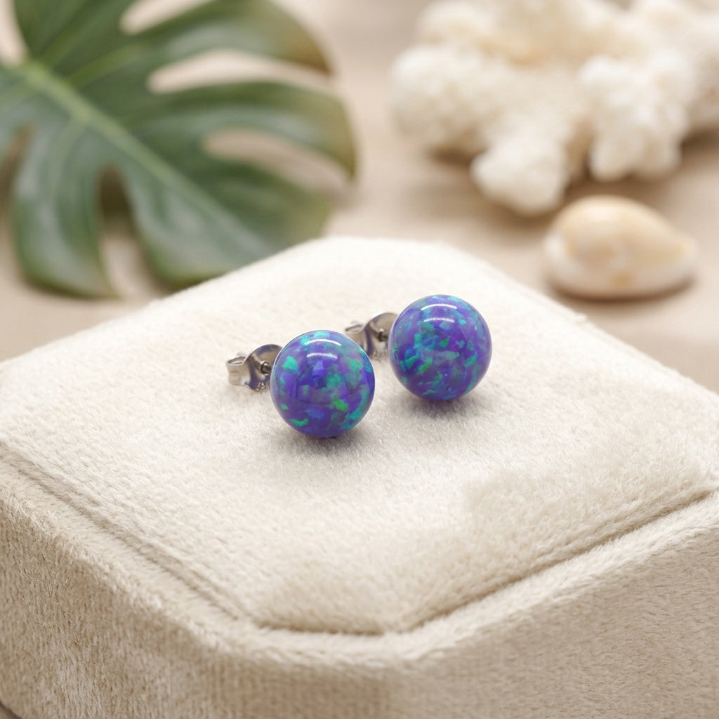 Hawaiian Royal Purple Opal Stone Stud Earrings - 925 Sterling Silver
