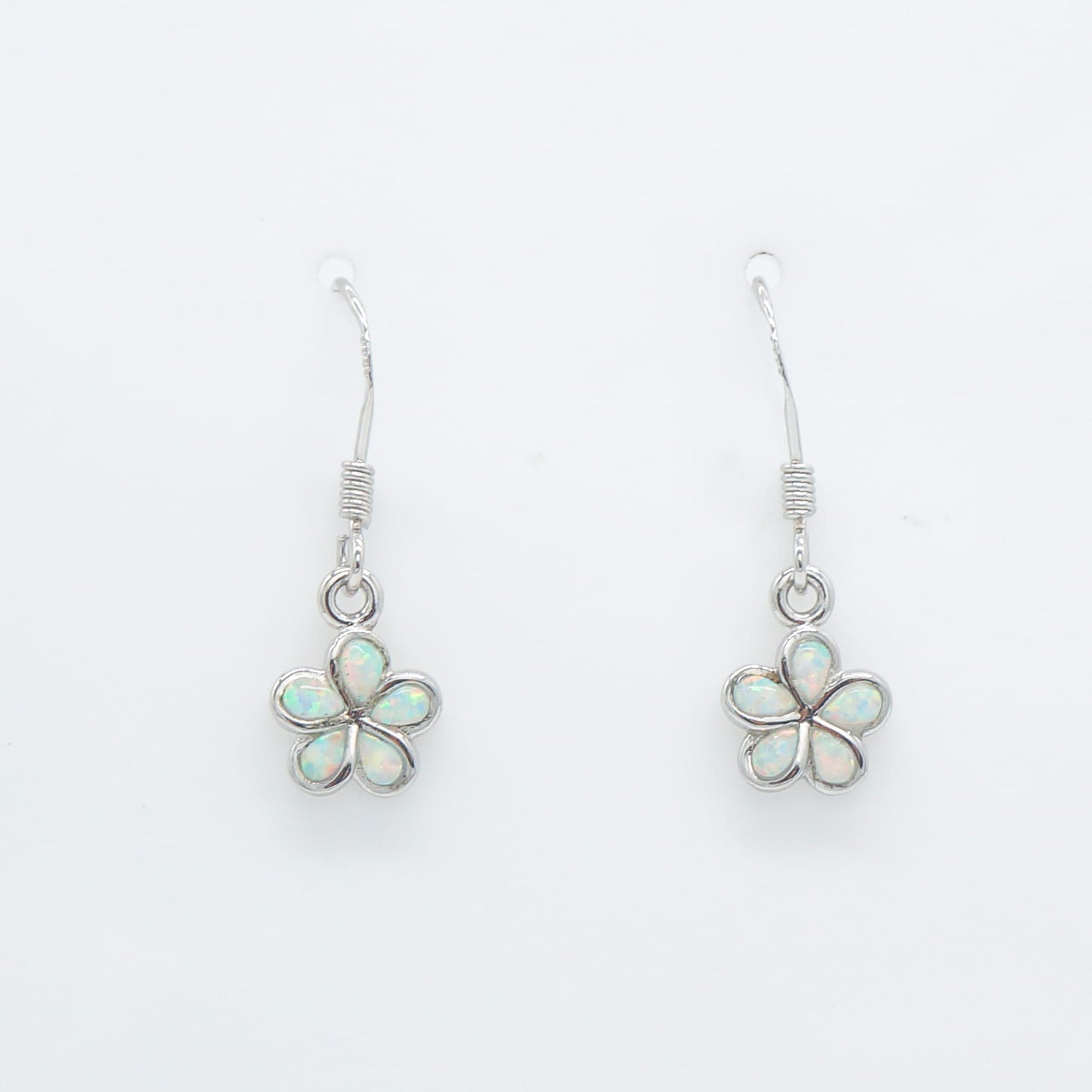 Hawaiian Plumeria Flower White Opal Stone Dangle Earrings - 925 Sterling Silver