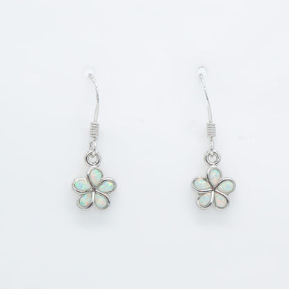 Hawaiian Plumeria Flower White Opal Stone Dangle Earrings - 925 Sterling Silver