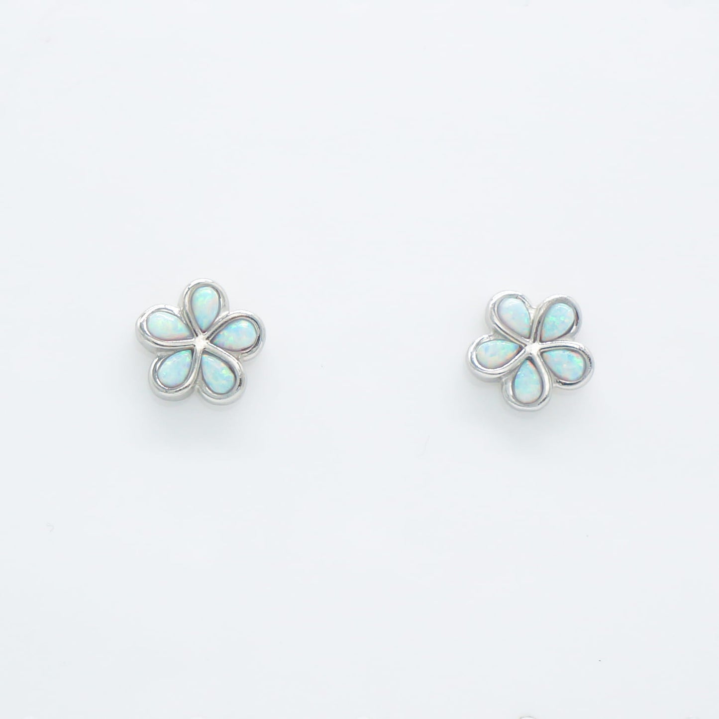 Hawaiian Plumeria Flower White Opal Stone Stud Earrings - 925 Sterling Silver