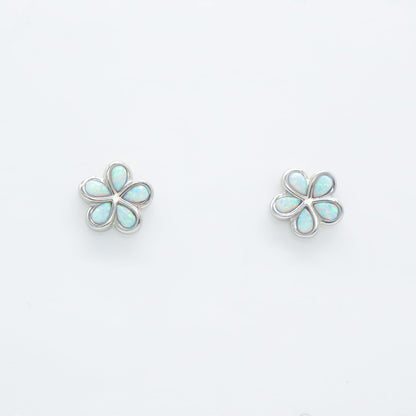 Hawaiian Plumeria Flower White Opal Stone Stud Earrings - 925 Sterling Silver