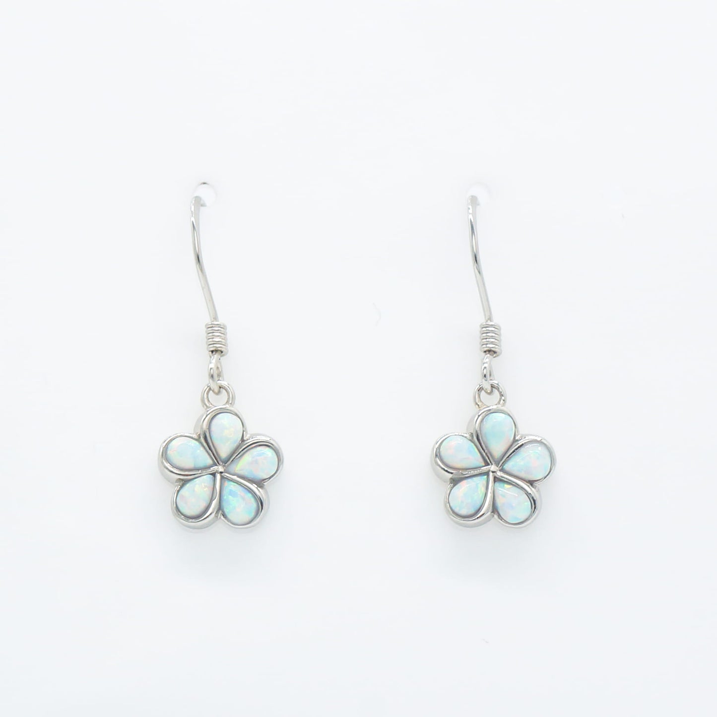 Hawaiian Plumeria Flower White Opal Stone Dangle Earrings - 925 Sterling Silver