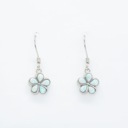 Hawaiian Plumeria Flower White Opal Stone Dangle Earrings - 925 Sterling Silver