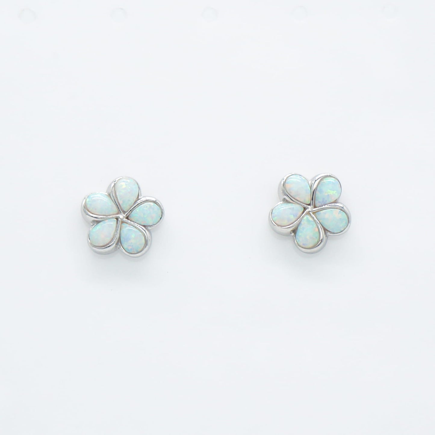 Hawaiian Plumeria Flower White Opal Stone Stud Earrings - 925 Sterling Silver