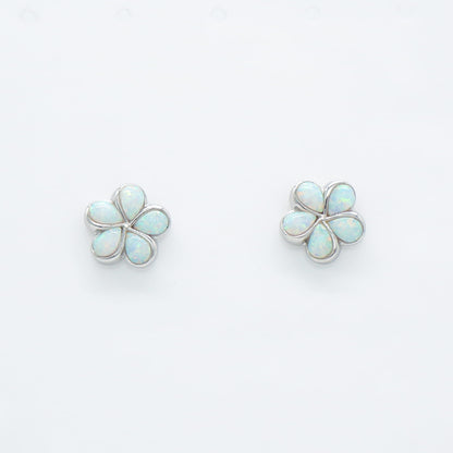 Hawaiian Plumeria Flower White Opal Stone Stud Earrings - 925 Sterling Silver