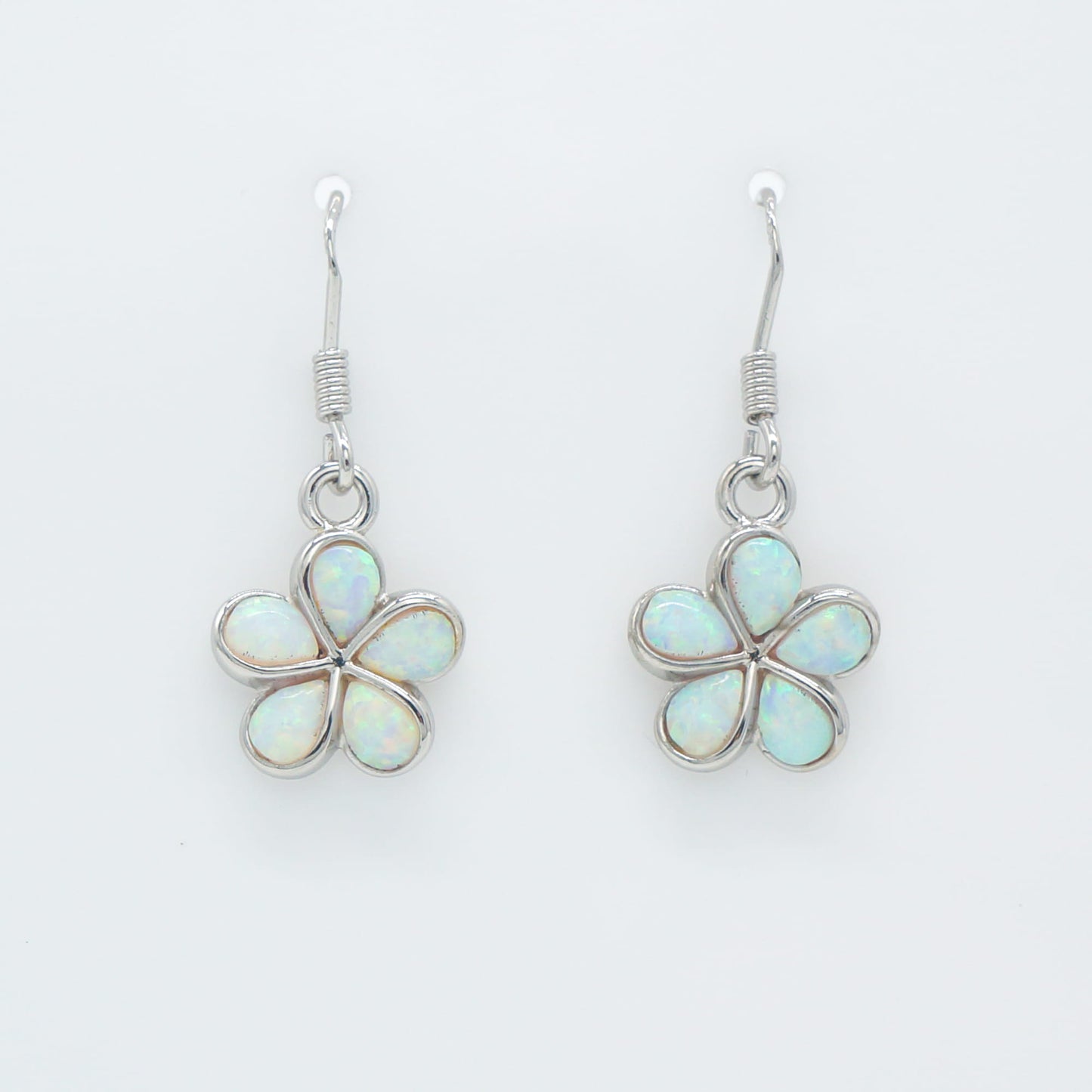 Hawaiian Plumeria Flower White Opal Stone Dangle Earrings - 925 Sterling Silver