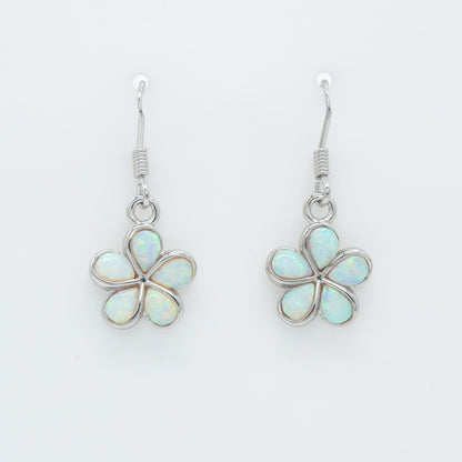 Hawaiian Plumeria Flower White Opal Stone Dangle Earrings - 925 Sterling Silver