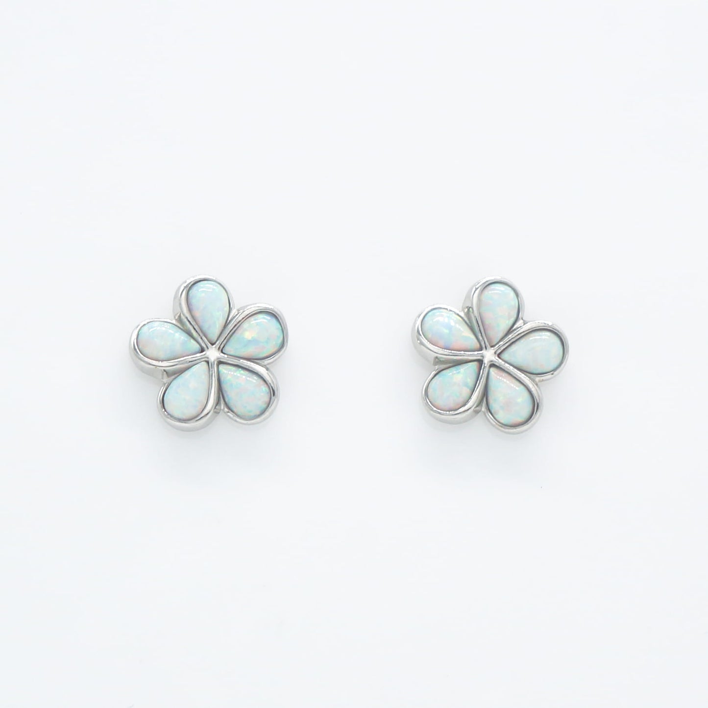 Hawaiian Plumeria Flower White Opal Stone Stud Earrings - 925 Sterling Silver