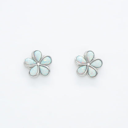 Hawaiian Plumeria Flower White Opal Stone Stud Earrings - 925 Sterling Silver