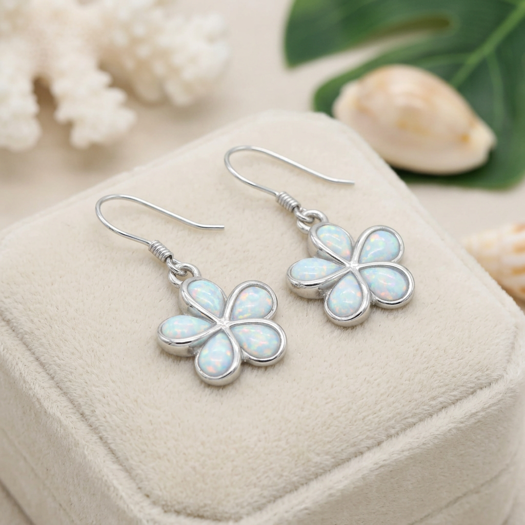 Hawaiian Plumeria Flower White Opal Stone Dangle Earrings - 925 Sterling Silver