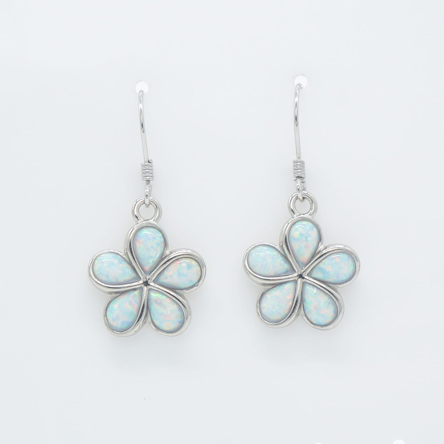Hawaiian Plumeria Flower White Opal Stone Dangle Earrings - 925 Sterling Silver