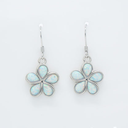 Hawaiian Plumeria Flower White Opal Stone Dangle Earrings - 925 Sterling Silver