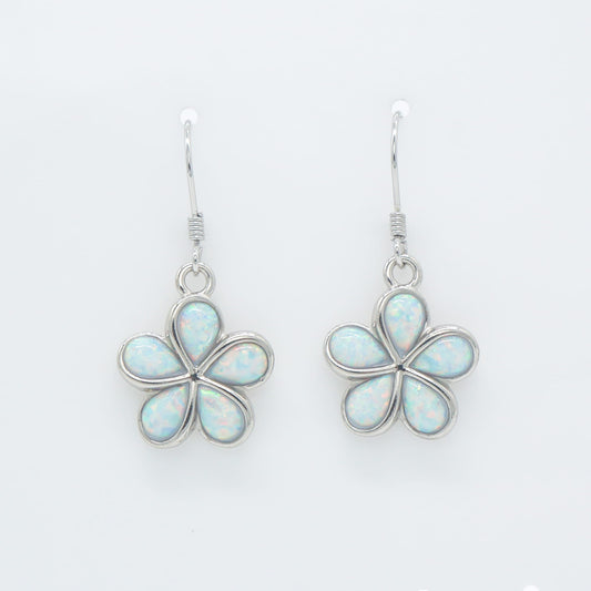 Hawaiian Plumeria Flower White Opal Stone Dangle Earrings - 925 Sterling Silver