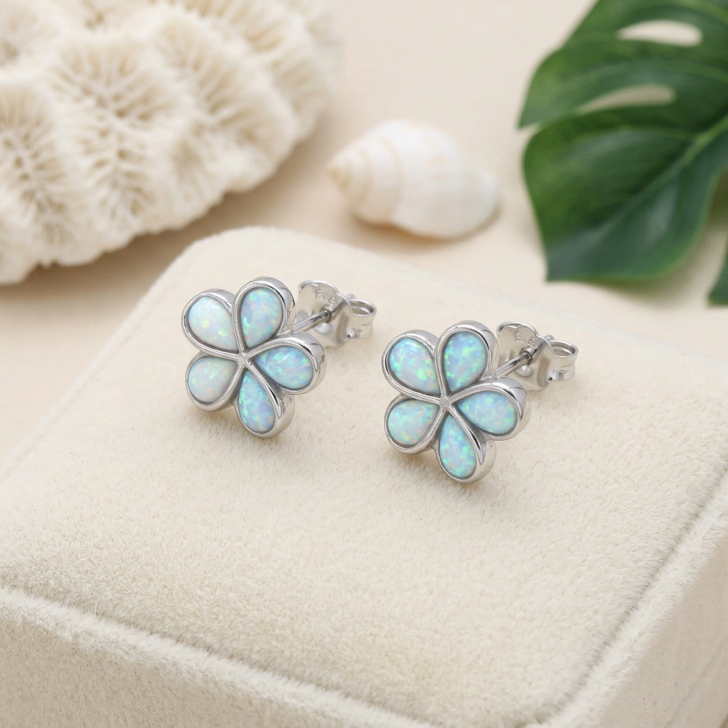 Hawaiian Plumeria Flower White Opal Stone Stud Earrings - 925 Sterling Silver