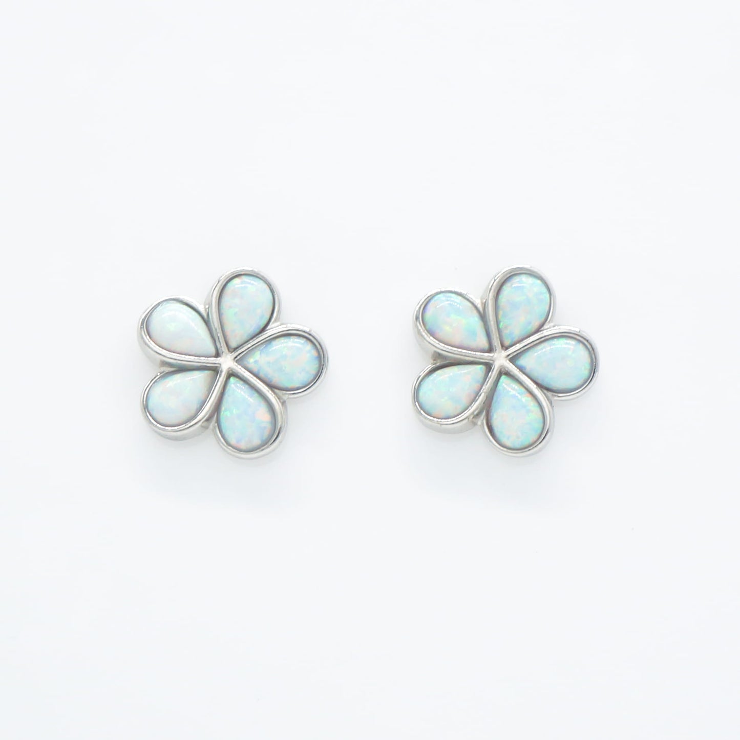 Hawaiian Plumeria Flower White Opal Stone Stud Earrings - 925 Sterling Silver