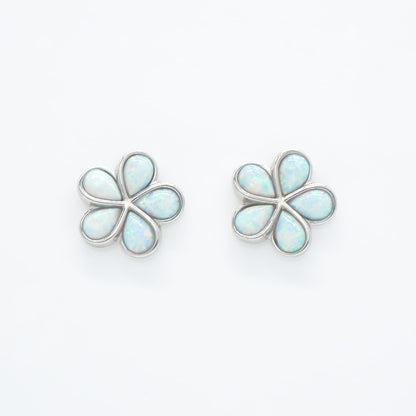 Hawaiian Plumeria Flower White Opal Stone Stud Earrings - 925 Sterling Silver