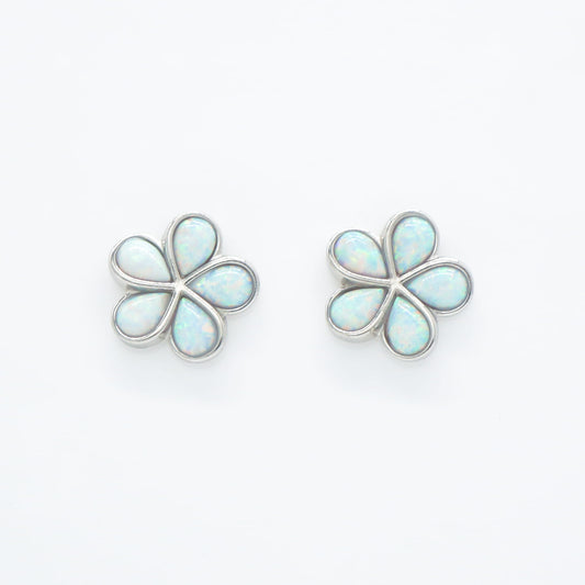 Hawaiian Plumeria Flower White Opal Stone Stud Earrings - 925 Sterling Silver