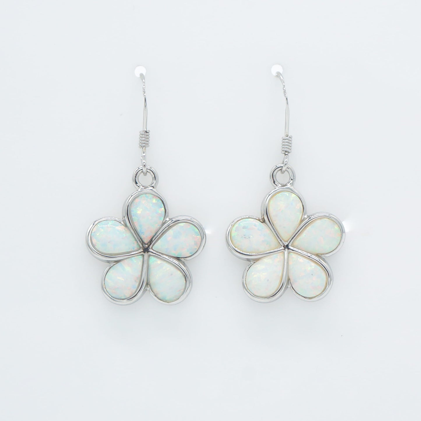 Hawaiian Plumeria Flower White Opal Stone Dangle Earrings - 925 Sterling Silver