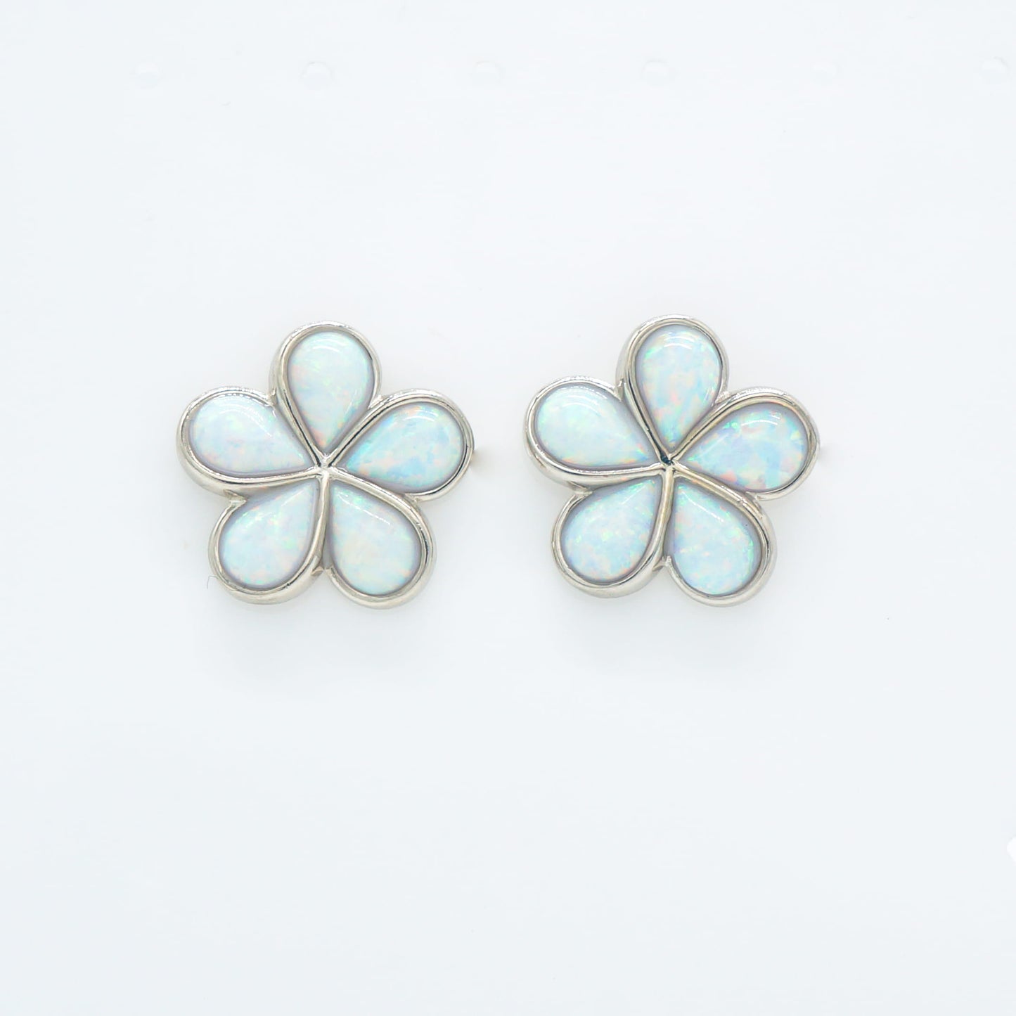 Hawaiian Plumeria Flower White Opal Stone Stud Earrings - 925 Sterling Silver