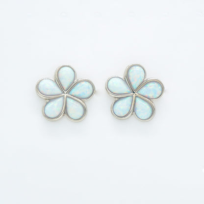 Hawaiian Plumeria Flower White Opal Stone Stud Earrings - 925 Sterling Silver