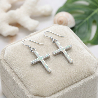 Hawaiian Ocean Cross Opal Stone Dangle Earrings - 925 Sterling Silver