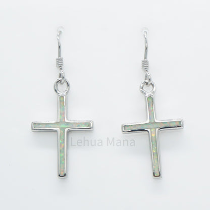 925 Silver White Opal Cross Dangle Earrings, Opal Earrings, 925 Sterling Silver Jewelry, Cross Earrings