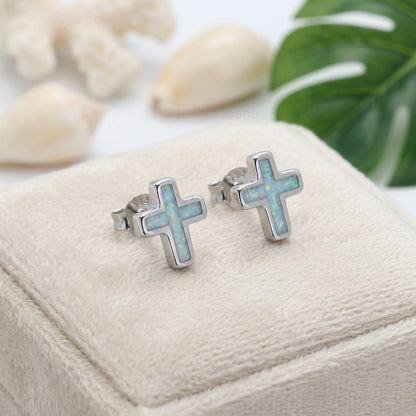 Hawaiian Ocean Cross Opal Stone Stud Earrings - 925 Sterling Silver