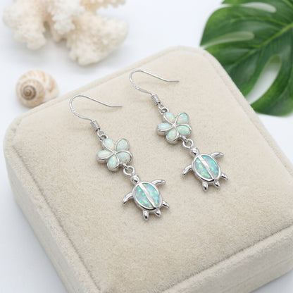Hawaiian Sea Turtle Plumeria Opal Stone Dangle Earrings - 925 Sterling Silver