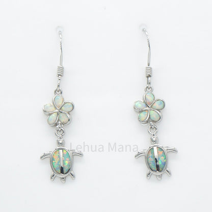 925 Silver White Opal Flower Turtle Dangle Earrings, Opal Earrings, 925 Sterling Silver Jewelry, Flower Turtle Earrings