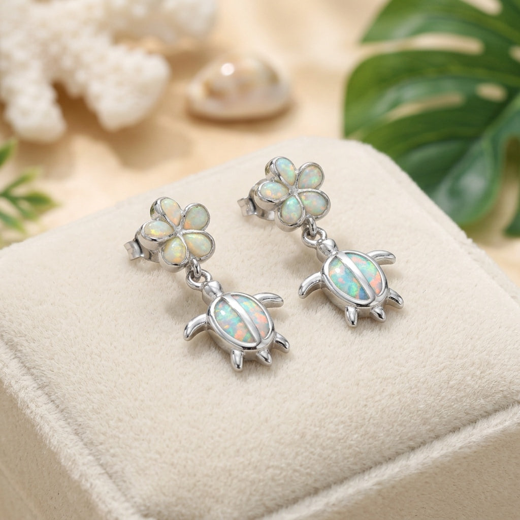 Hawaiian Sea Turtle Plumeria Opal Stone Stud Earrings - 925 Sterling Silver
